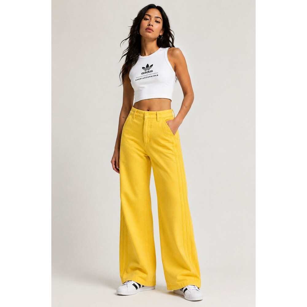 adidas x KSENIASCHNAIDER 3 Stripe Jeans Womens 25 Bold Gold Wide Leg NWT
